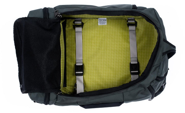 An open Techonaut 45  with a Steel (grey) Ballistic exterior and a Wasabi interior.